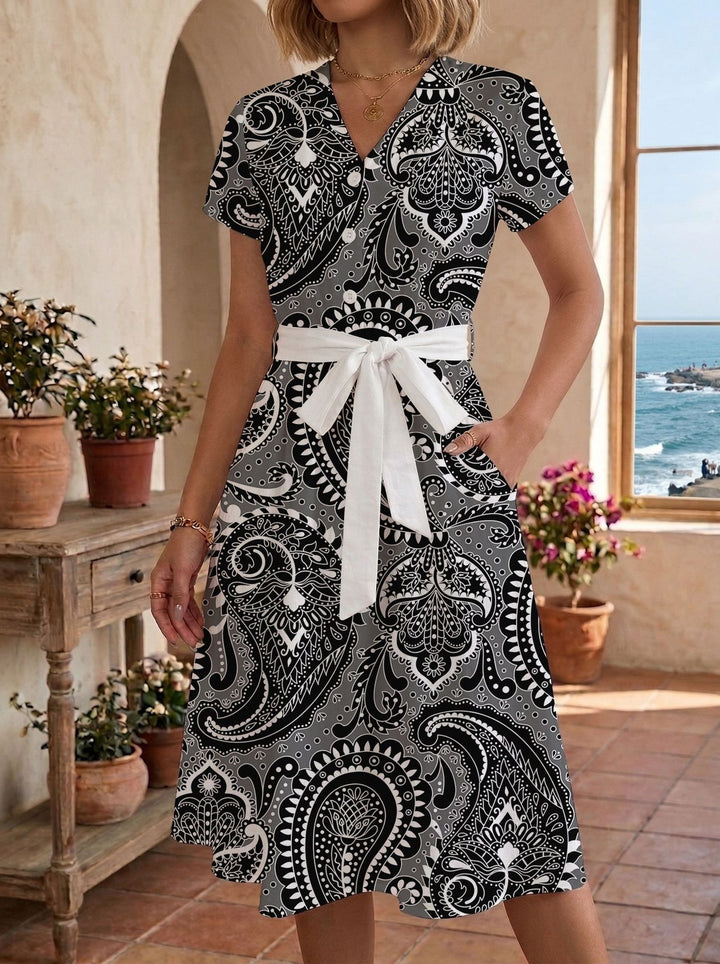 Damen lässiges Maxikleid mit taillierbarem Knoten und dekorativem Karomuster Echo Archiv