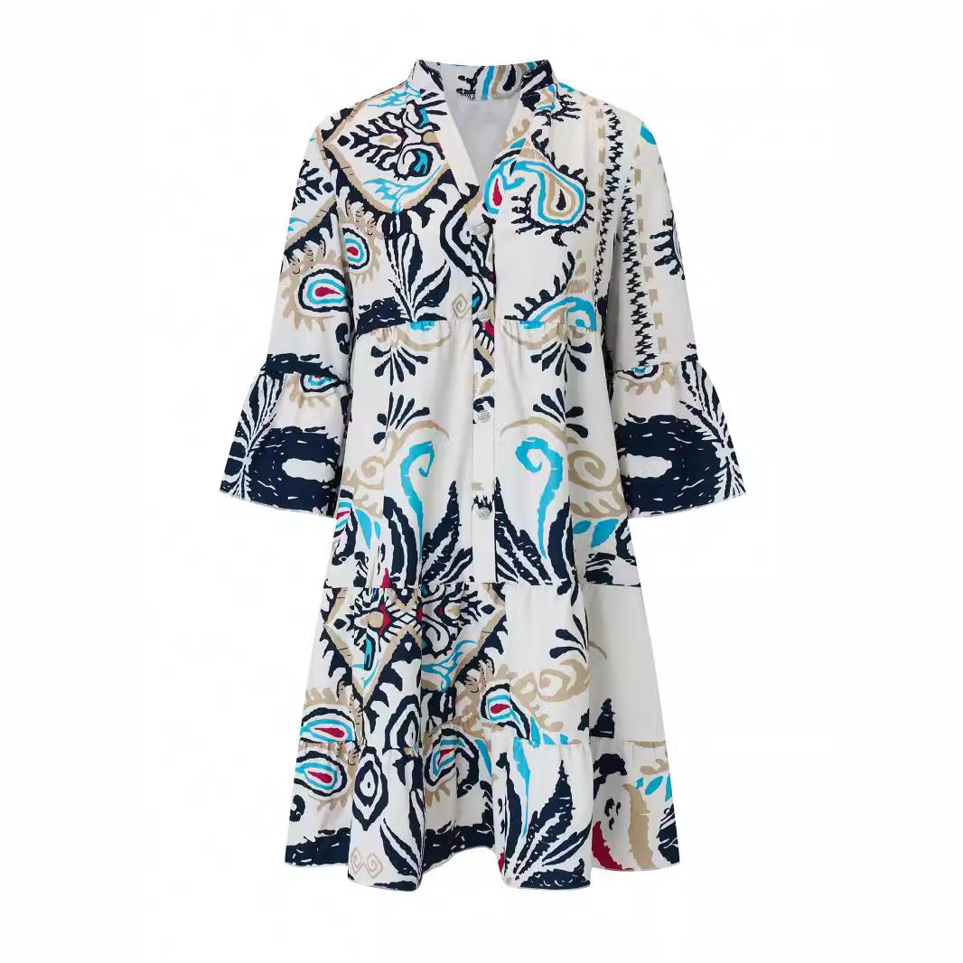 Damen Lässiges Stufenkleid mit Tellerrock und Trompetenärmeln – Avérine