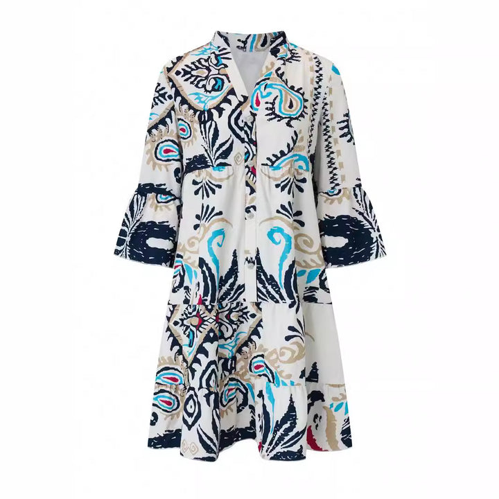 Damen Lässiges Stufenkleid mit Tellerrock und Trompetenärmeln – Avérine