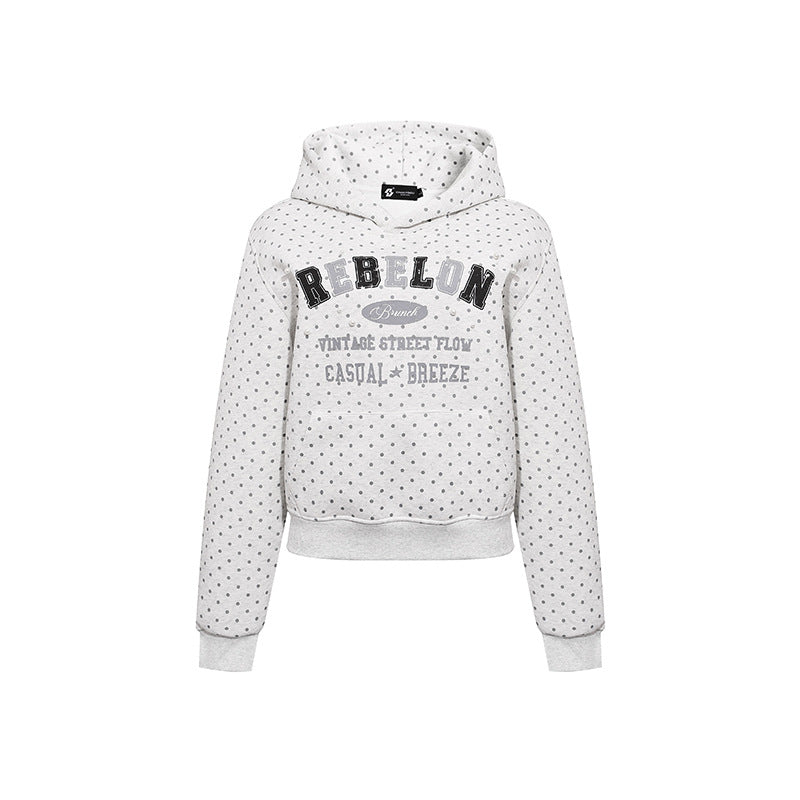 Damen Kapuzenpullover mit Polka-Dot, College-Print und geripptem Saum Echoarchiv