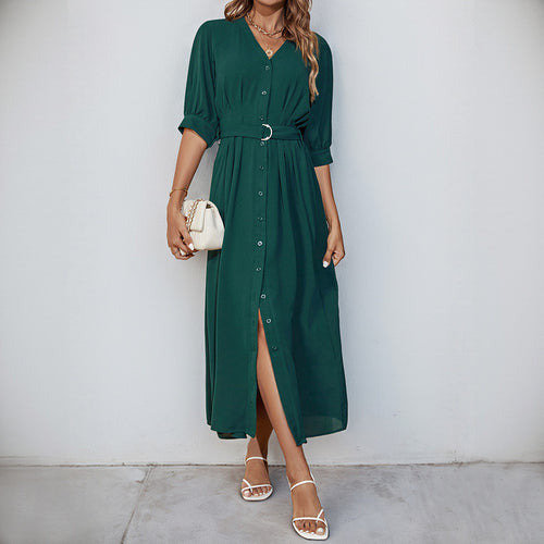 Damen Midikleid mit durchgehender Knopfleiste, V-Ausschnitt und D-Ring-Taillengürtel Echoarchiv