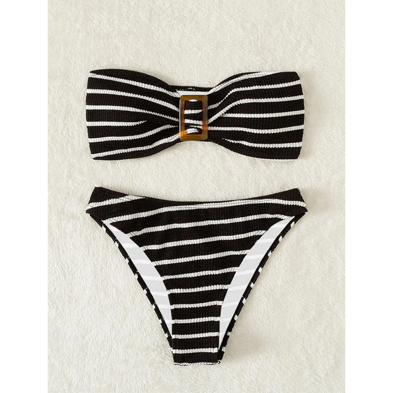 Damen Bandeau-Bikini-Set mit dekorativem Ring und verspieltem Streifenmuster Echo Archiv