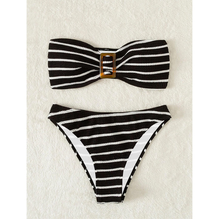 Damen Bandeau-Bikini-Set mit dekorativem Ring und verspieltem Streifenmuster Echo Archiv
