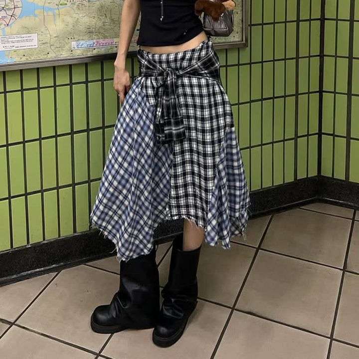 Damen Asymmetrischer Midirock im Karo-Patchwork mit Bundschärpe Echo Archiv