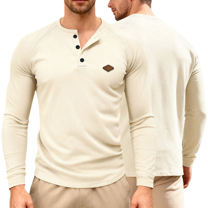 Herren nan Waffelstrick-Henley Langarmshirt mit Raglanärmeln, Halbknopfleiste und Lederlabel Echo Archiv