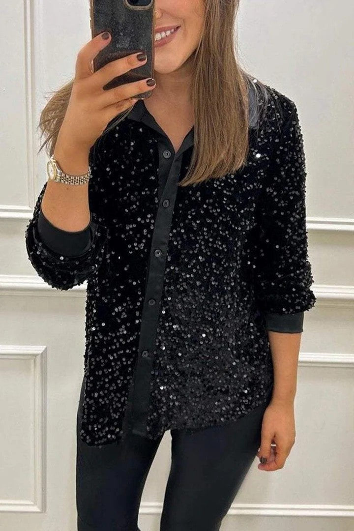 Damen Glitzernde Bluse aus Pailletten mit klassischem Kragen Echoarchiv