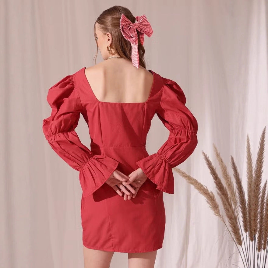 Damen Puffärmeliges Mini-Kleid mit eckigem Ausschnitt, Kordel-Bustier und Glockenärmeln – Élara