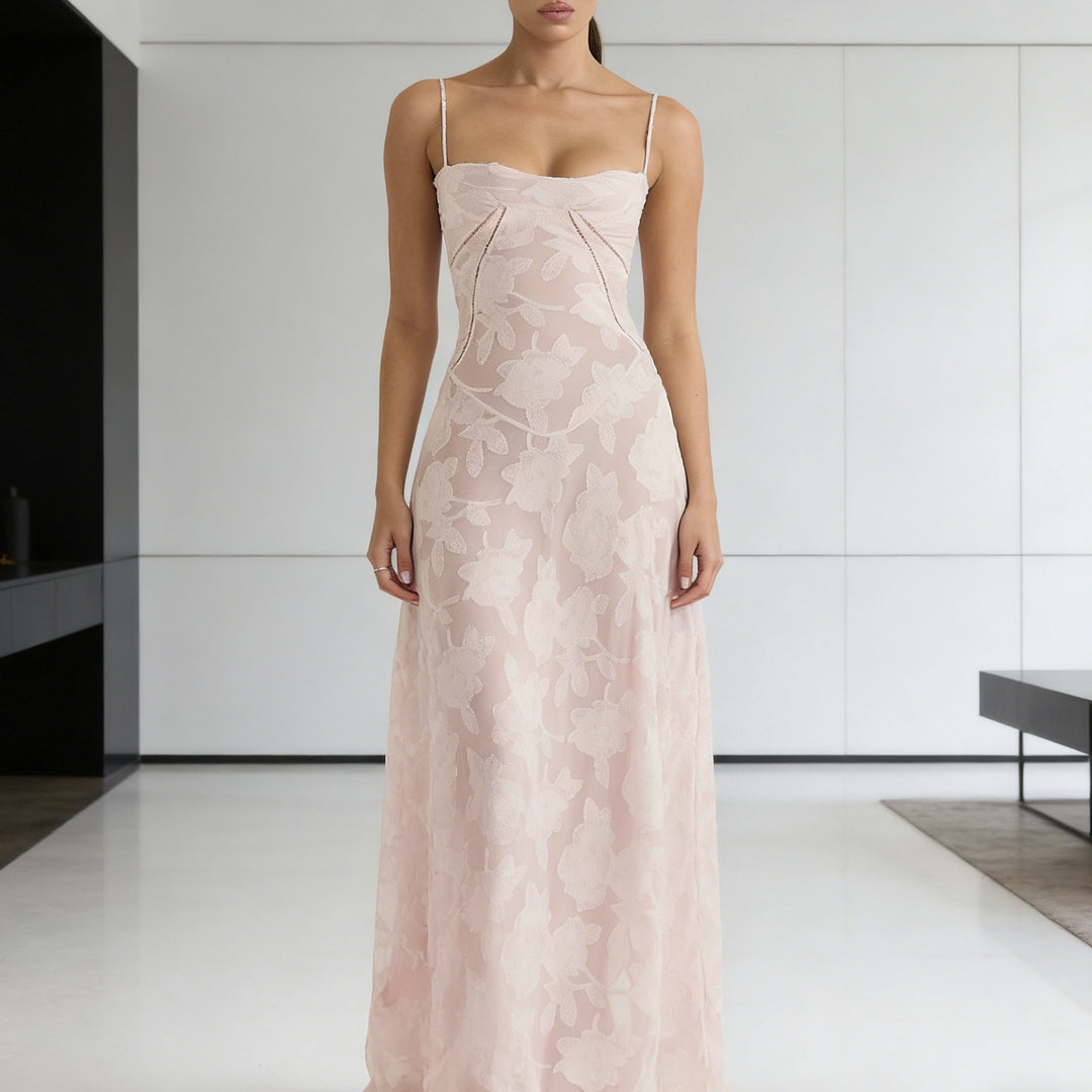 Damen Elegantes Abendkleid mit floralem Oberteil und schmalen Spaghetti-Trägern Echo Archiv