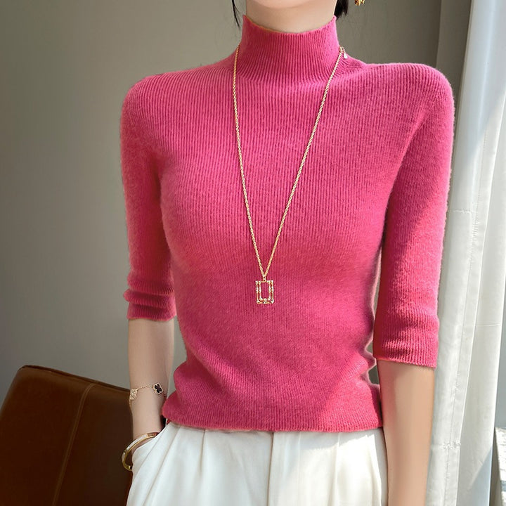 Damen Kurzarm-Mockneck-Pullover mit flauschiger Angora‑Optik Echoarchiv
