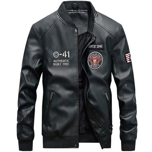 Herren nan leichte Kunstleder-Bomberjacke im Pilotenstil mit gestickten Patches und verdeckter Reißverschlussleiste Echo Archiv