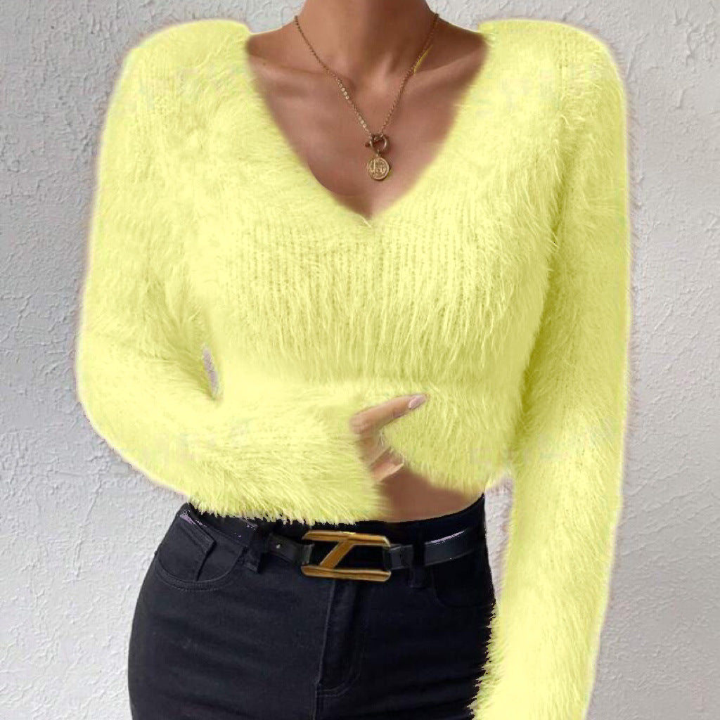 Damen Flauschiger Crop-Pullover mit V-Ausschnitt und Eyelash-Struktur – Mavelle
