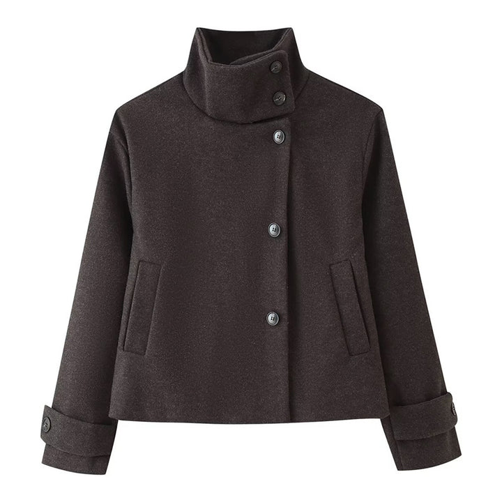Damen kurze Boxy-Wolljacke mit Stehkragen und Manschetten Echo Archiv
