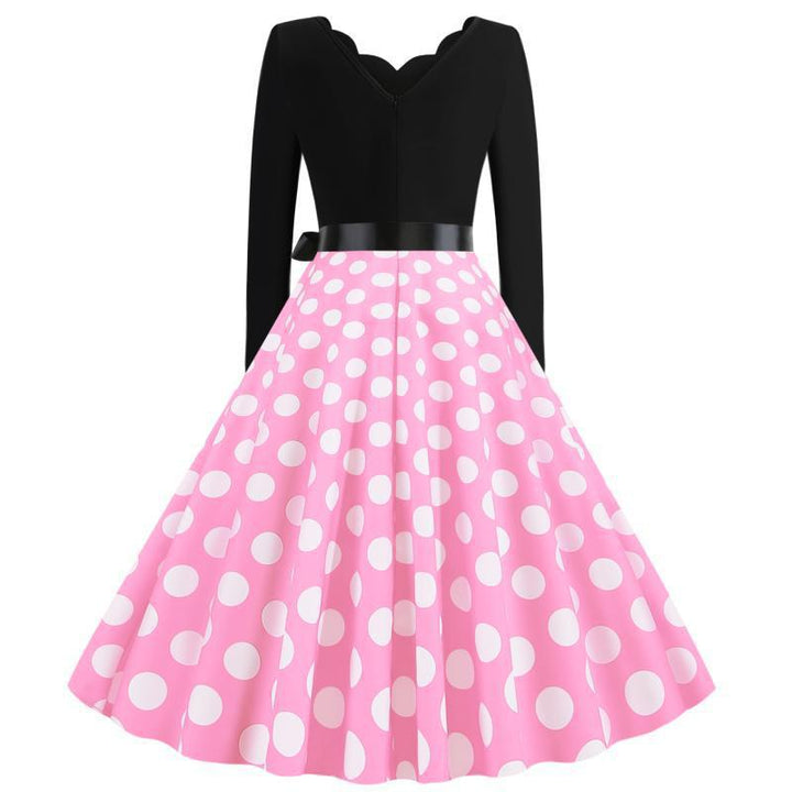 Damen Retro-Swingkleid mit langen Ärmeln tailliertem Oberteil gepunktetem Tellerrock und Schleifengürtel – Élara