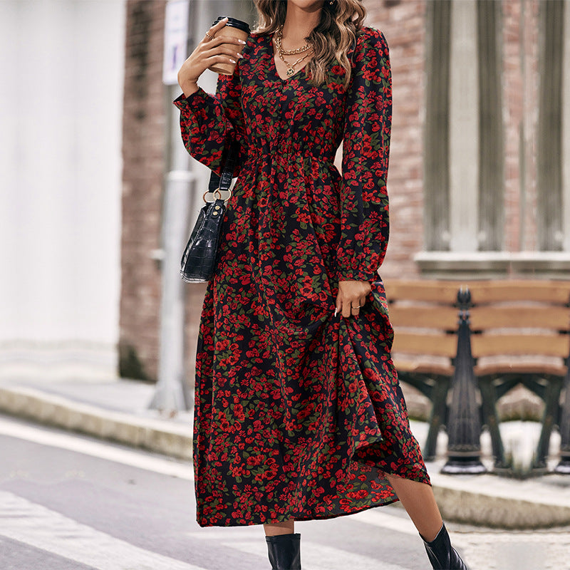 Damen Langes florales Maxikleid mit V-Ausschnitt, gerafftem Smokbund und fließendem A‑Linien‑Rock Echoarchiv