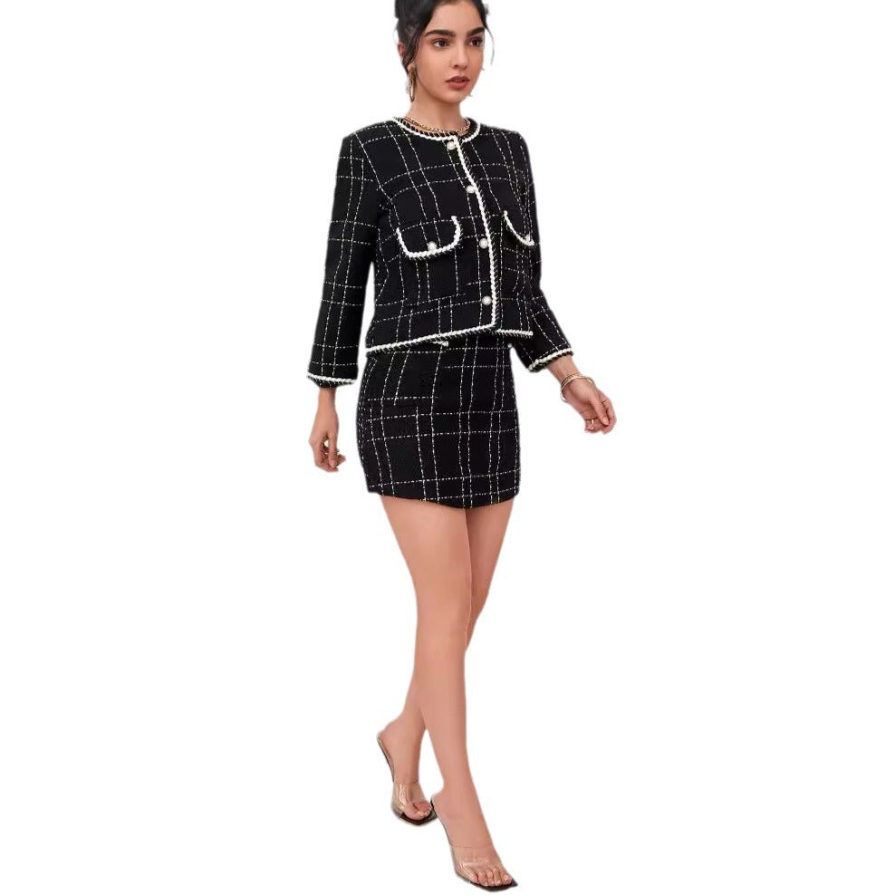 Damen Zweiteiliges Bouclé-Blazer-Set mit Zierstreifen und tailliertem Minirock – Valéne