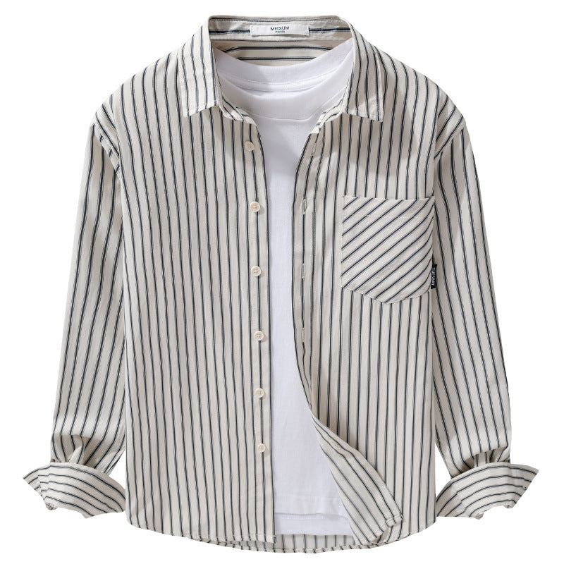 Herren Nadelstreifen-Langarm-Hemdjacke im Overshirt‑Stil aus leichtem Baumwollmix mit diagonaler Brusttasche Echoarchiv