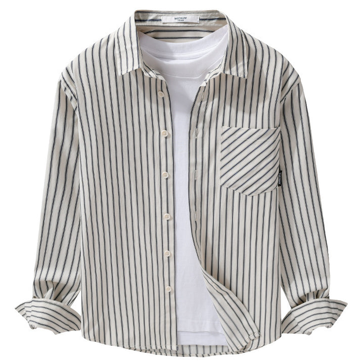 Herren Nadelstreifen-Langarm-Hemdjacke im Overshirt‑Stil aus leichtem Baumwollmix mit diagonaler Brusttasche Echoarchiv