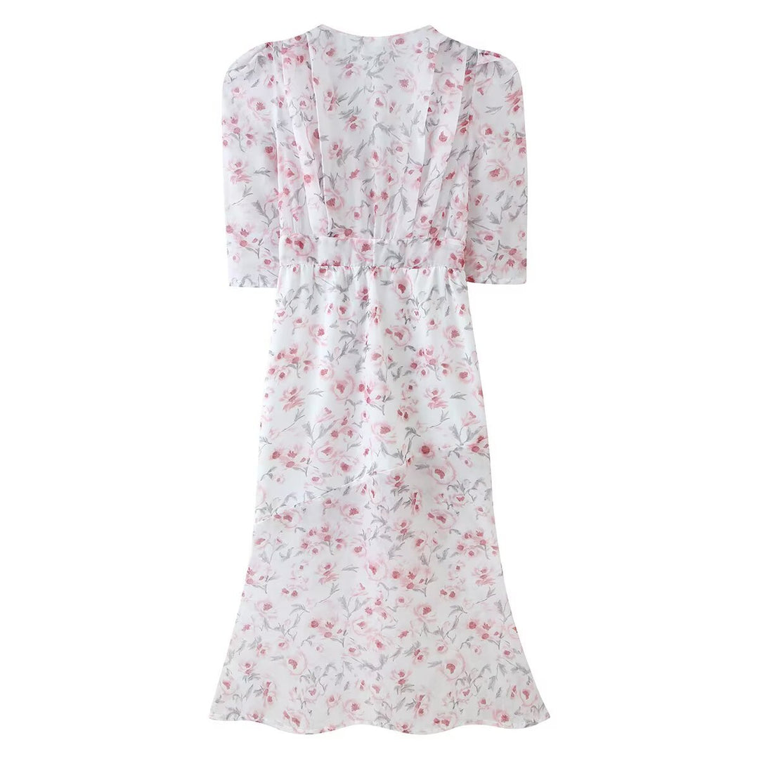 Damen Chiffon-Midikleid mit floraler Allover‑Optik, V‑Ausschnitt und geraffter Taille Echo Archiv