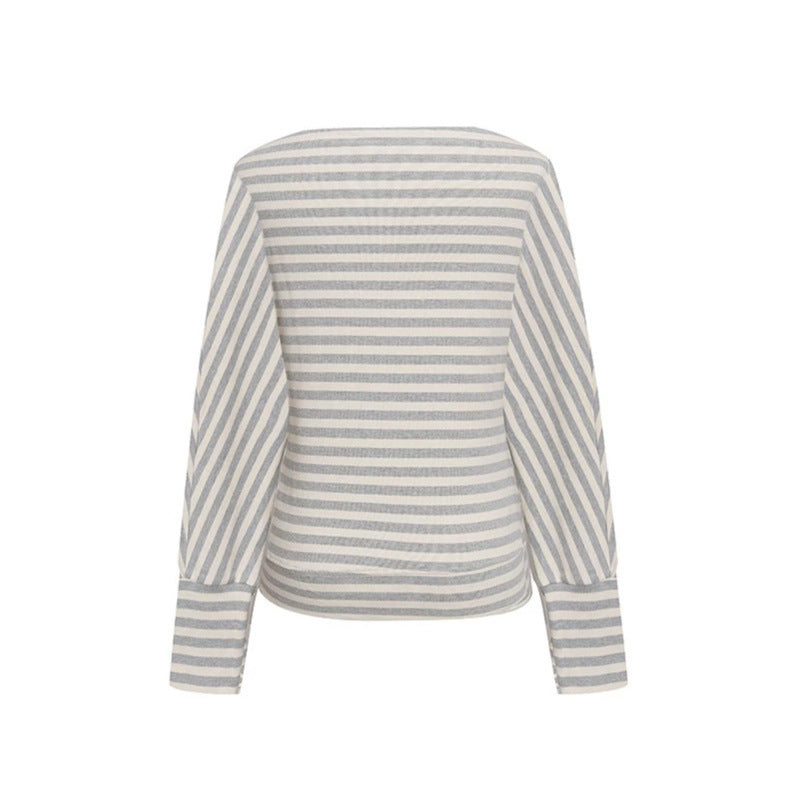 Damen Figurbetontes Streifen-Langarmshirt mit weitem Boot-Ausschnitt und verkürzten Fledermausärmeln Echoarchiv