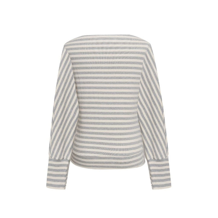 Damen Figurbetontes Streifen-Langarmshirt mit weitem Boot-Ausschnitt und verkürzten Fledermausärmeln Echoarchiv