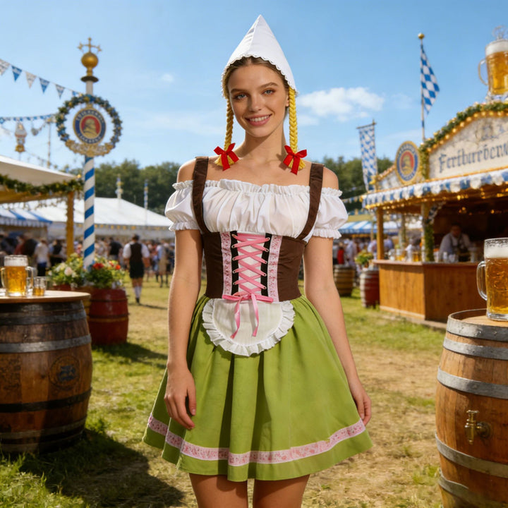 Damen nan traditionelles Dirndl-Kostüm mit Schnürung, Schürze und spitzem Kopftuch Echo Archiv
