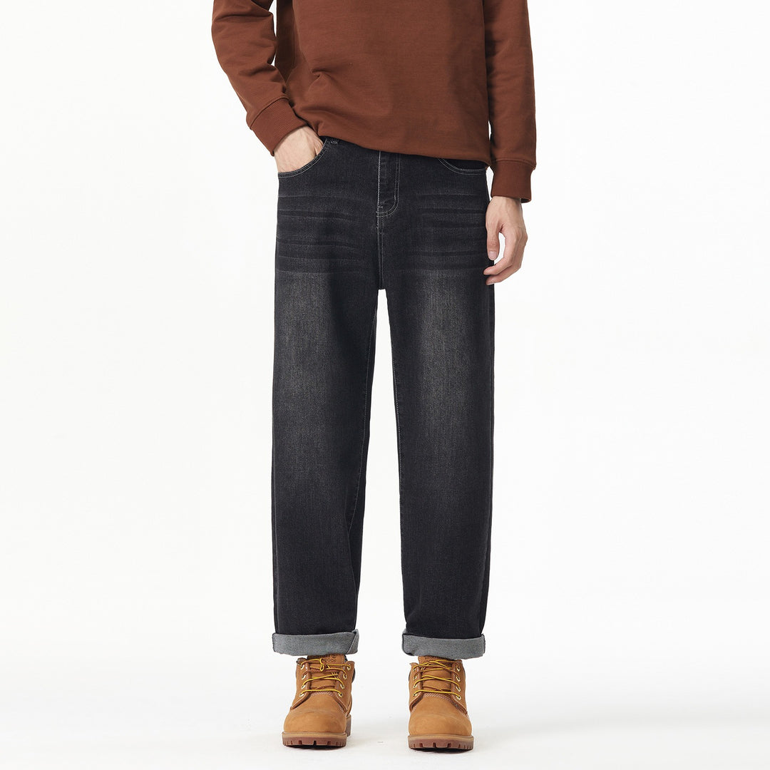 Herren Weite gerade geschnittene Denim-Jeans mit Used‑Wash und Umschlagbund Echoarchiv