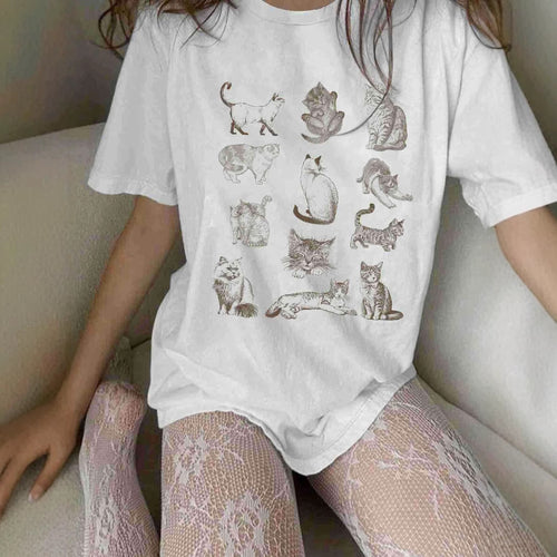 Damen T-Shirt mit künstlerischem Katzenmotiv und lässigem Schnitt Echo Archiv
