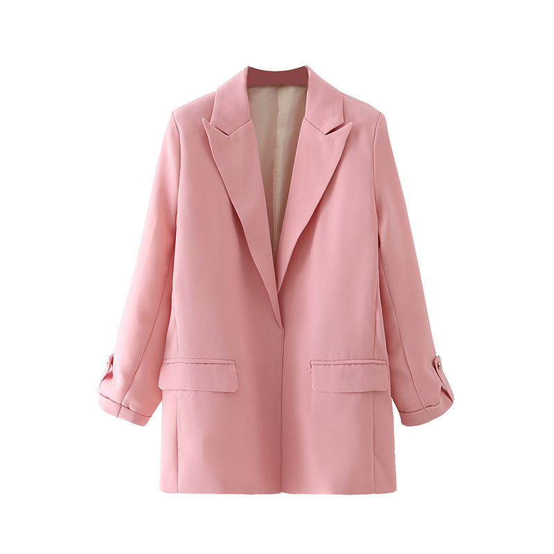 Damen lang geschnittener Oversize-Blazer mit weitem Revers aufgesetzten Pattentaschen und krempelbaren Ärmeln – Valéne