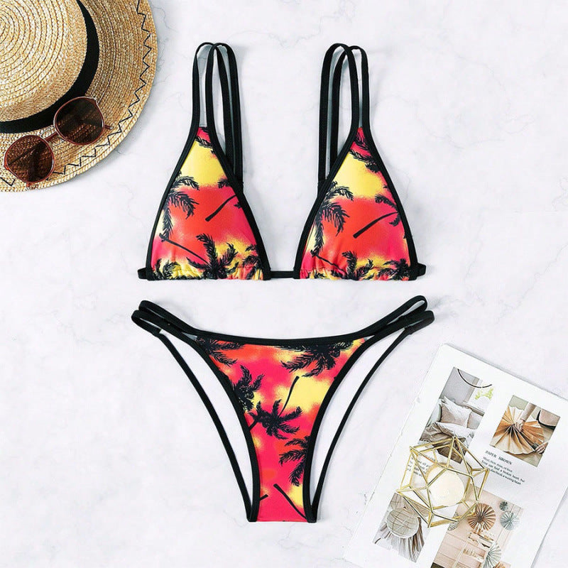 Damen Triangel-Bikini mit doppelten Trägern und trendigem Palmendruck Echo Archiv