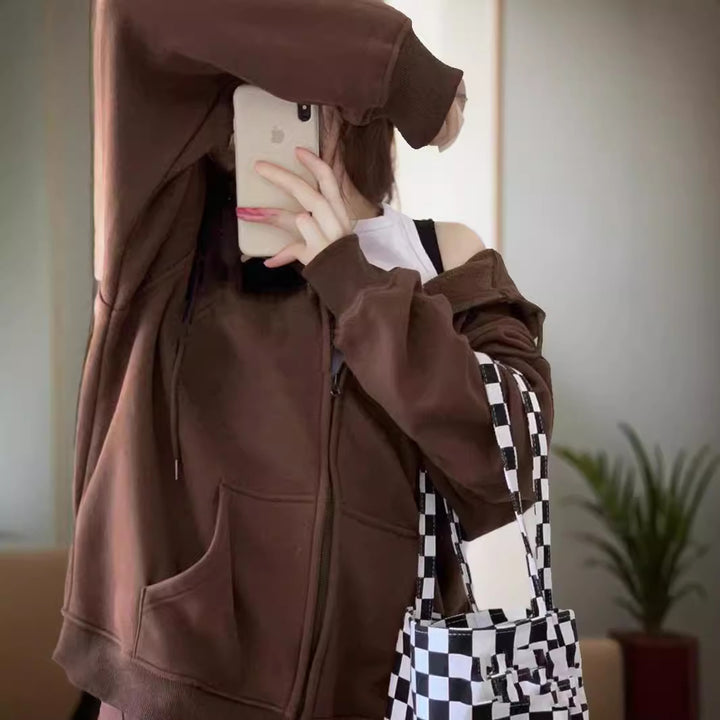 Damen extrabreite Zip-Kapuzenjacke mit weichem Fleecefutter, Kängurutaschen und gerippten Bündchen – Célinea