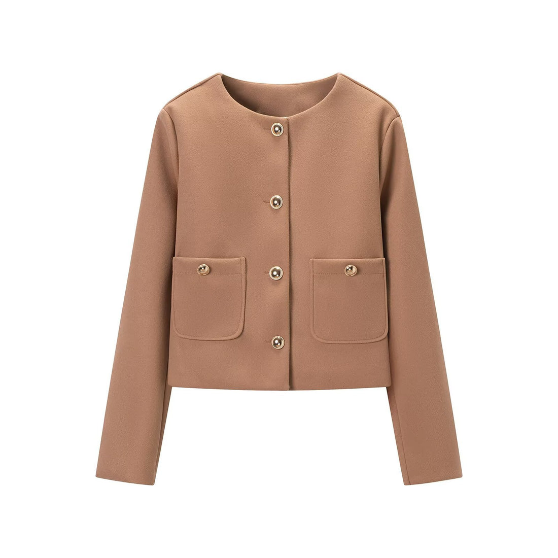 Damen Cropped Wollmix-Jacke mit Rundhalsausschnitt, aufgesetzten Taschen und goldfarbenen Zierknöpfen Echoarchiv
