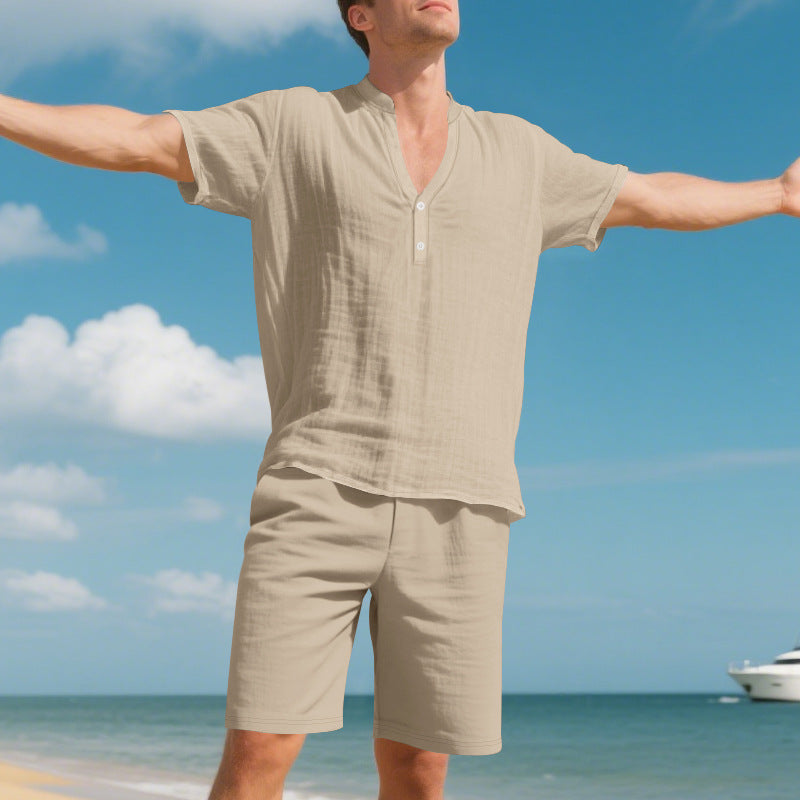 Herren lässiges Leinen-T-Shirt mit kurzer Knopfleiste und passenden Shorts Echoarchiv