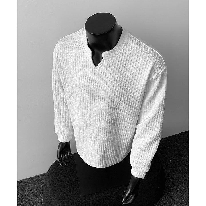 Herren nan grobstrukturierter Strickpullover mit V-förmigem Schlitzkragen und gerundetem Saum Echo Archiv