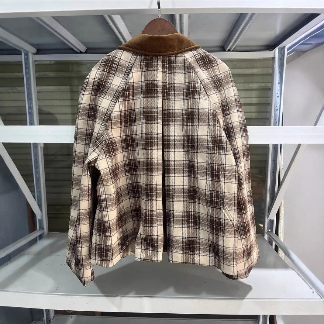Damen nan karierte Übergangsjacke mit kontrastierendem Samtkragen, verdeckter Frontleiste und Eingrifftaschen Echo Archiv