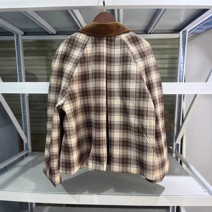 Damen nan karierte Übergangsjacke mit kontrastierendem Samtkragen, verdeckter Frontleiste und Eingrifftaschen Echo Archiv