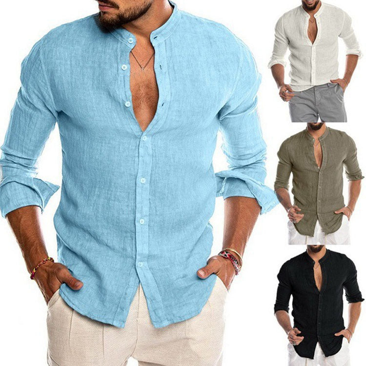 Herren nan Leinenhemd mit Stehkragen, durchgehender Knopfleiste und legerer Slim-Fit-Passform Echo Archiv