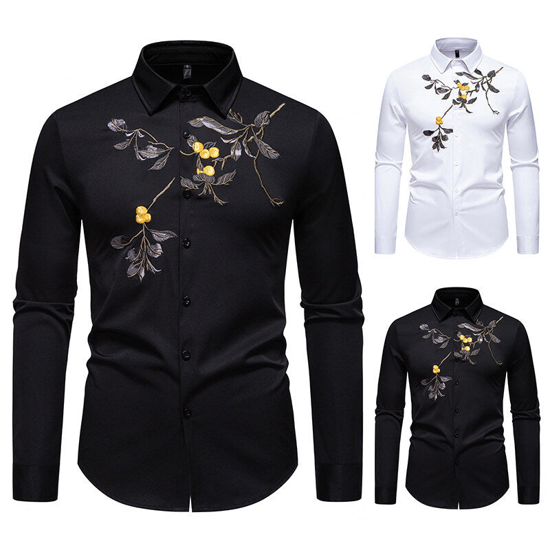 Herren elegantes Langarmhemd mit floraler Stickerei Echoarchiv