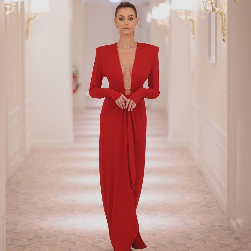 Damen Elegantes Abendkleid mit tiefem V-Ausschnitt und gefalteten Ärmeln Echo Archiv