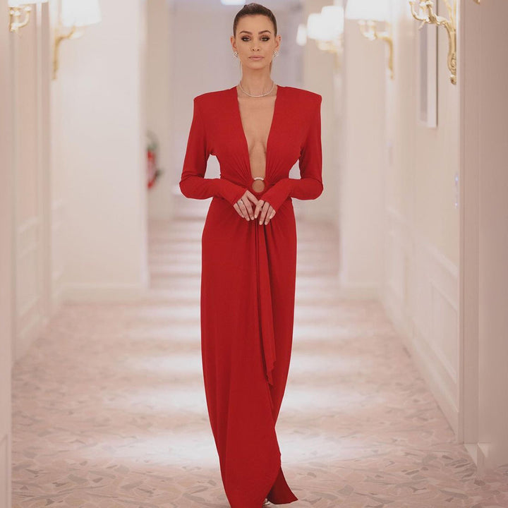 Damen Elegantes Abendkleid mit tiefem V-Ausschnitt und gefalteten Ärmeln Echo Archiv