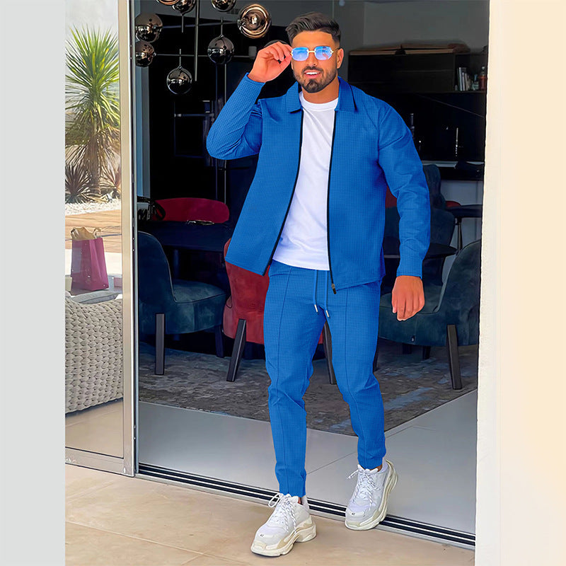 Herren Strukturiertes Waffel-Loungewear-Set mit Kragen-Halbzip & Kordelzughose – Cavarno