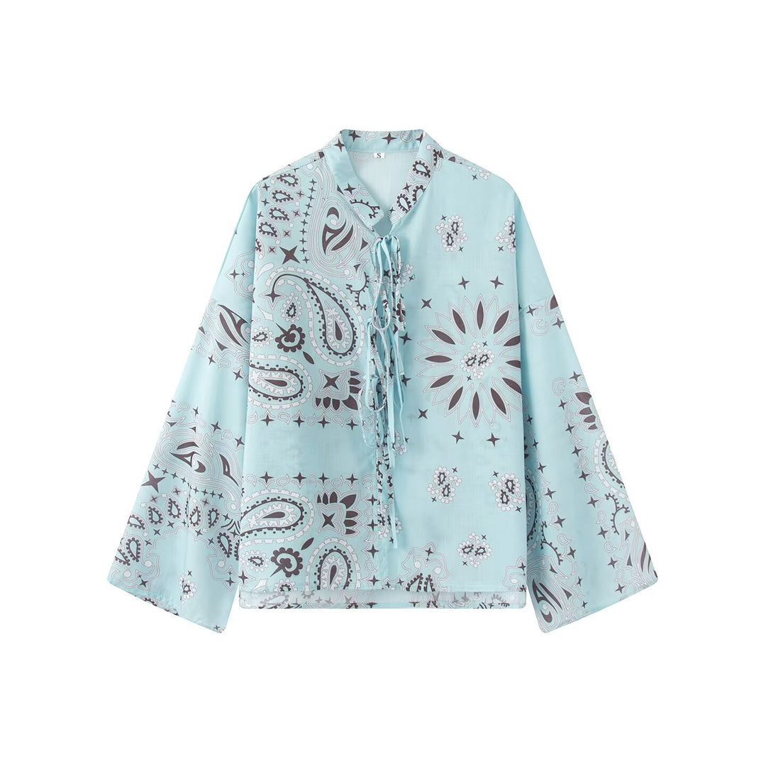 Damen Zweiteiliges Satinoptik-Lounge-Set mit Paisley-Print, Kimonokragen-Bluse und weiter Culotte-Hose Echo Archiv