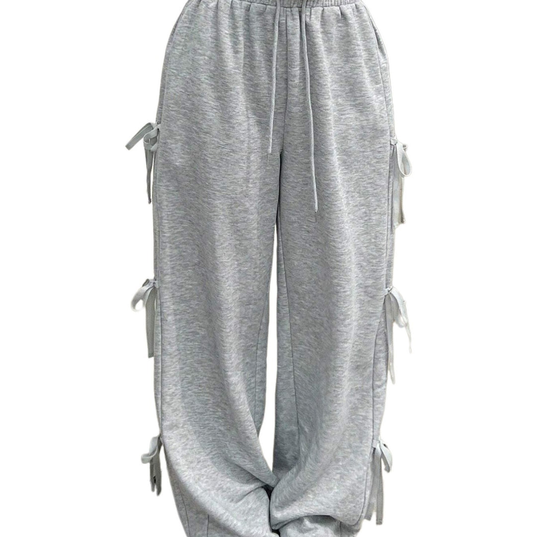 Damen lockere Wide‑Leg Loungehose mit elastischem Bund, Kordelzug und seitlichen Zierschleifen – Avélisse