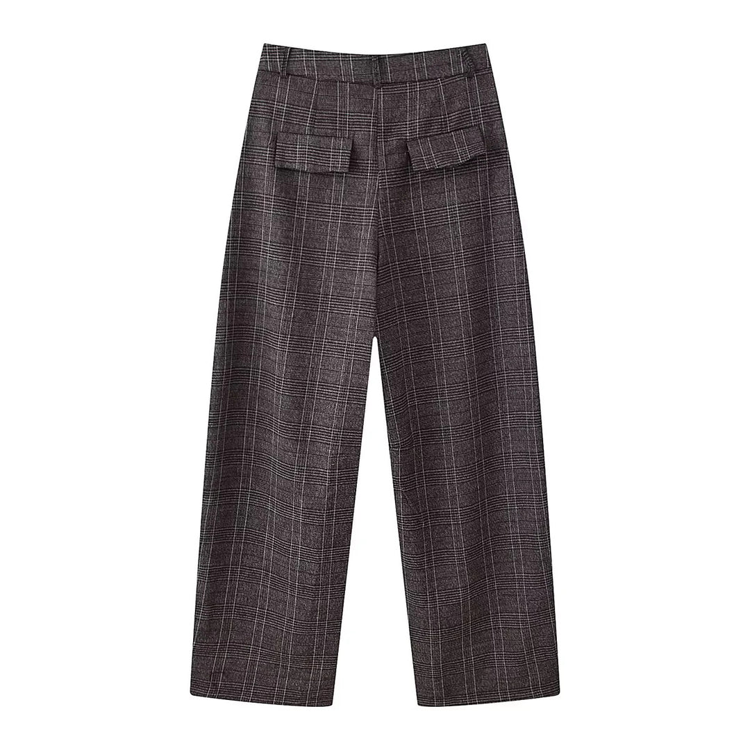 Damen hochtaillierte Glencheckweite Hose mit Bügelfalte und geradem Bein – Avélisse