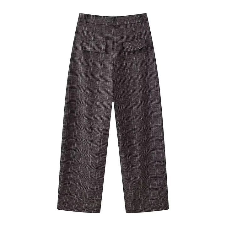 Damen hochtaillierte Glencheckweite Hose mit Bügelfalte und geradem Bein – Avélisse