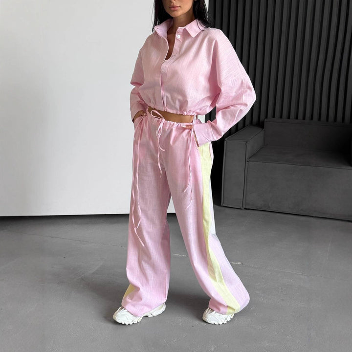 Damen Zweiteiliges Baumwoll-Leinen-Loungewear-Set mit Cropped-Hemdbluse und weitem Tunnelzug-Hose – Élanora
