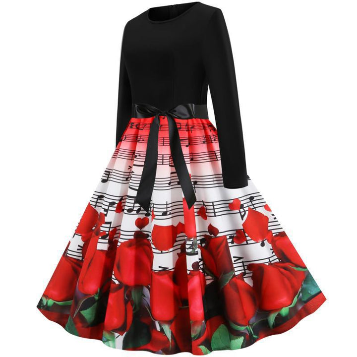 Damen tailliertes A-Linien Kleid mit Noten- und Rosenprint Langarm und Taillenschleife – Élara