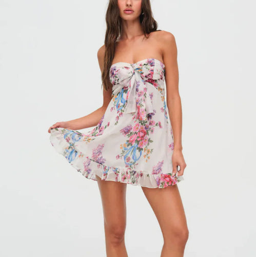 Damen nan trägerloses Chiffonkleid mit Frontschleife und Volantsaum Echo Archiv