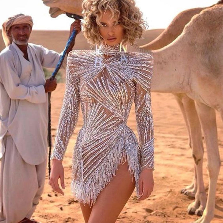 Damen Glamouröses Pailletten-Kleid mit transparenten Akzenten und Fransen Echoarchiv