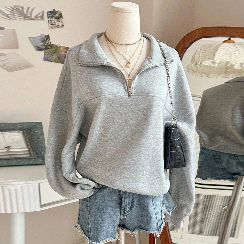 Damen nan Oversize Sweatshirt mit halbem Reißverschluss, Stehkragen und Ballonärmeln Echo Archiv