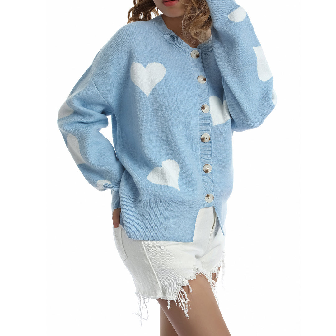 Damen Geknöpfter Oversize-Strickcardigan mit Herz-Jacquard und Perlmuttknöpfen Echo Archiv